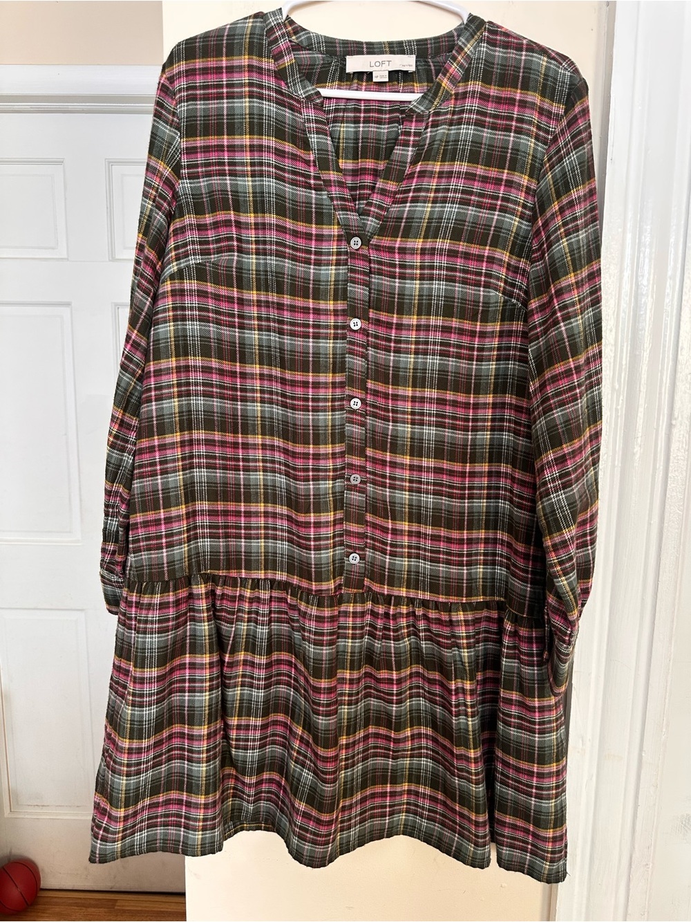 LOFT Petite Medium Plaid Button Front Tunic Top Pink Olive Long Sleeve